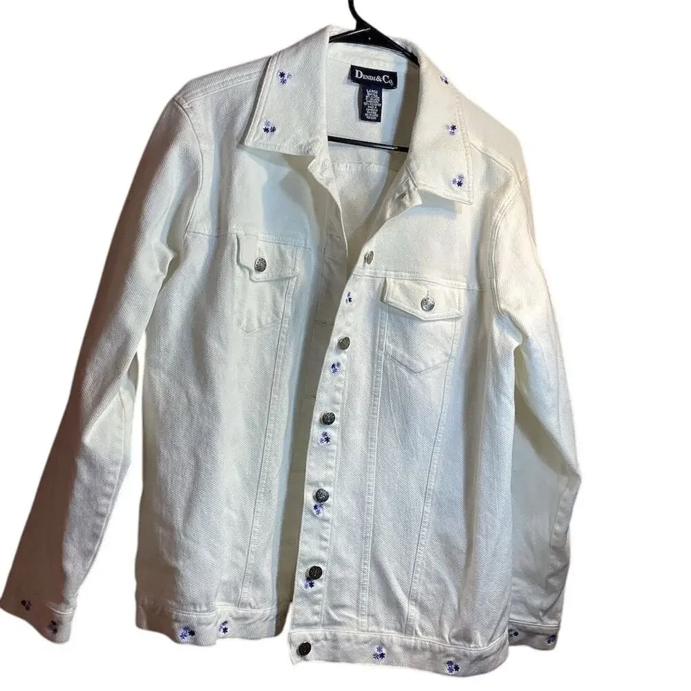 Denim &‎ Co Women's Ivory Floral Embroidered Denim Jacket Size L